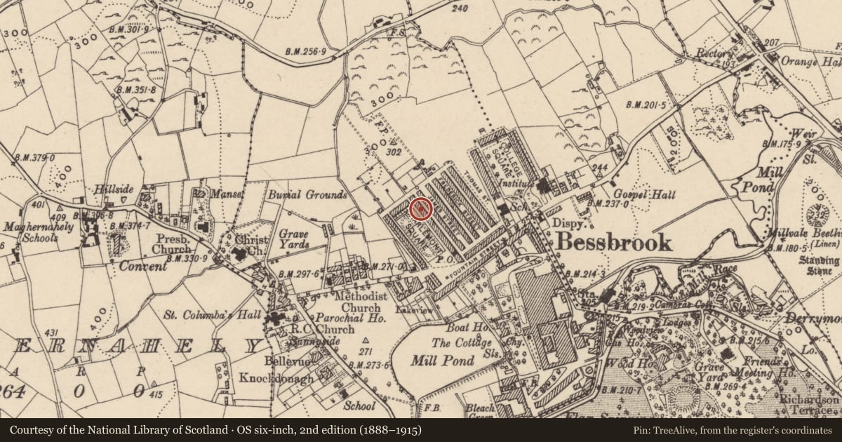 Ordnance Survey six-inch map, 2nd edition (1888–1915) covering the location of 26 Charlemont Square East, Clogharevan, Newry, Mourne and Down, with a pin at the register's coordinates