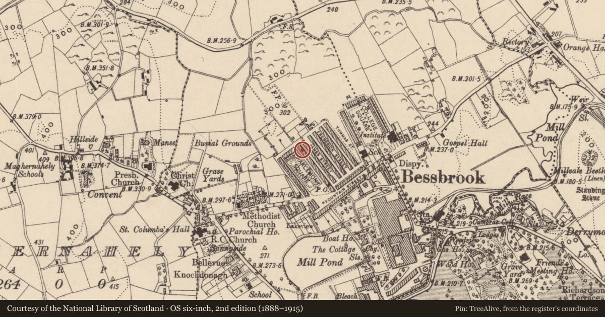 Ordnance Survey six-inch map, 2nd edition (1888–1915) covering the location of 28 Charlemont Square East, Clogharevan, Newry, Mourne and Down, with a pin at the register's coordinates
