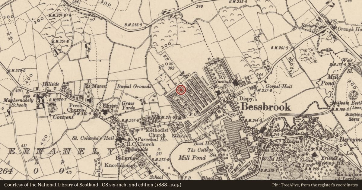 Ordnance Survey six-inch map, 2nd edition (1888–1915) covering the location of 29 Charlemont Square East, Clogharevan, Newry, Mourne and Down, with a pin at the register's coordinates