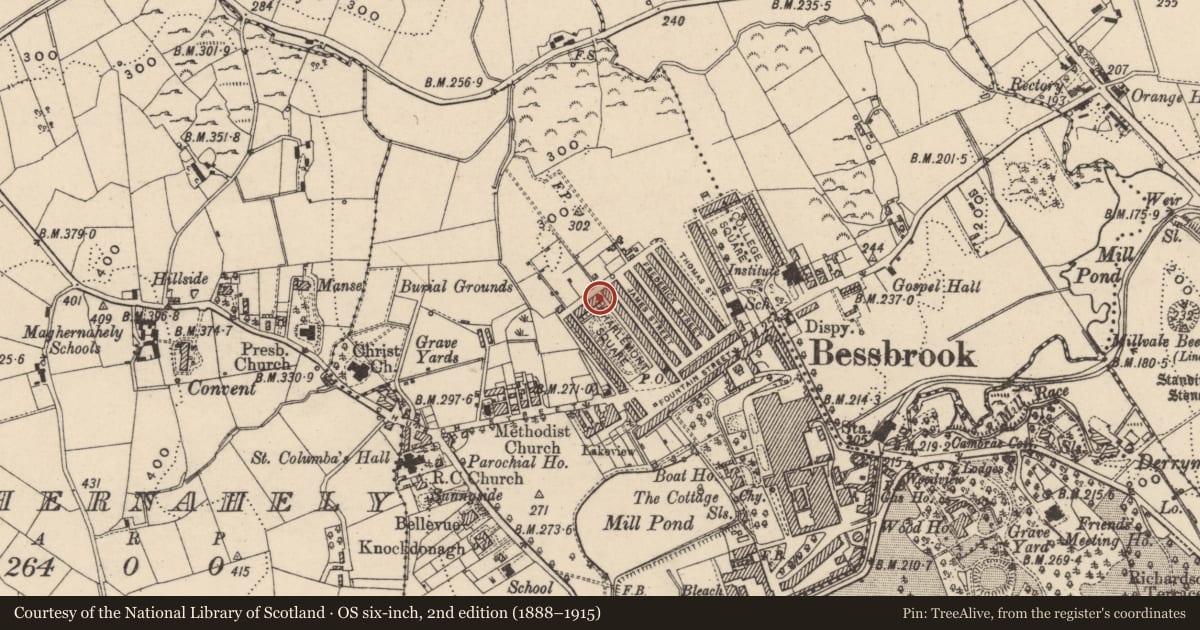 Ordnance Survey six-inch map, 2nd edition (1888–1915) covering the location of 1 Charlemont Square North, Clogharevan, Newry, Mourne and Down, with a pin at the register's coordinates