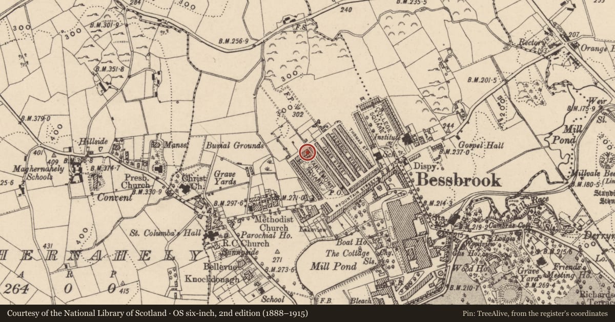 Ordnance Survey six-inch map, 2nd edition (1888–1915) covering the location of 2 Charlemont Square North, Clogharevan, Newry, Mourne and Down, with a pin at the register's coordinates