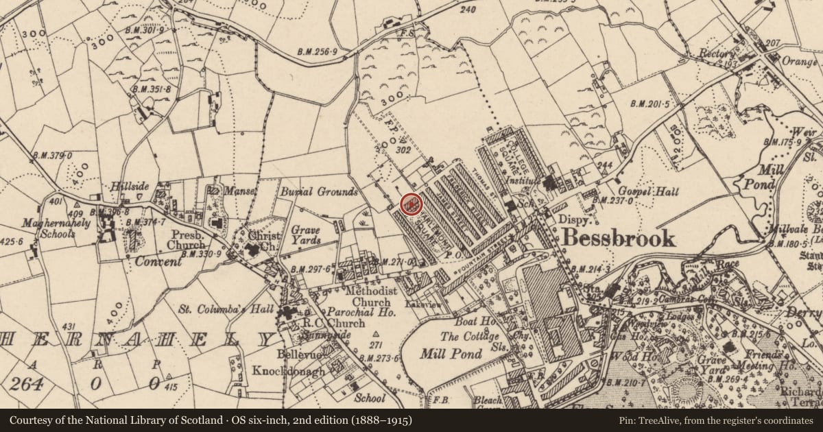 Ordnance Survey six-inch map, 2nd edition (1888–1915) covering the location of 4 Charlemont Square North, Clogharevan, Newry, Mourne and Down, with a pin at the register's coordinates