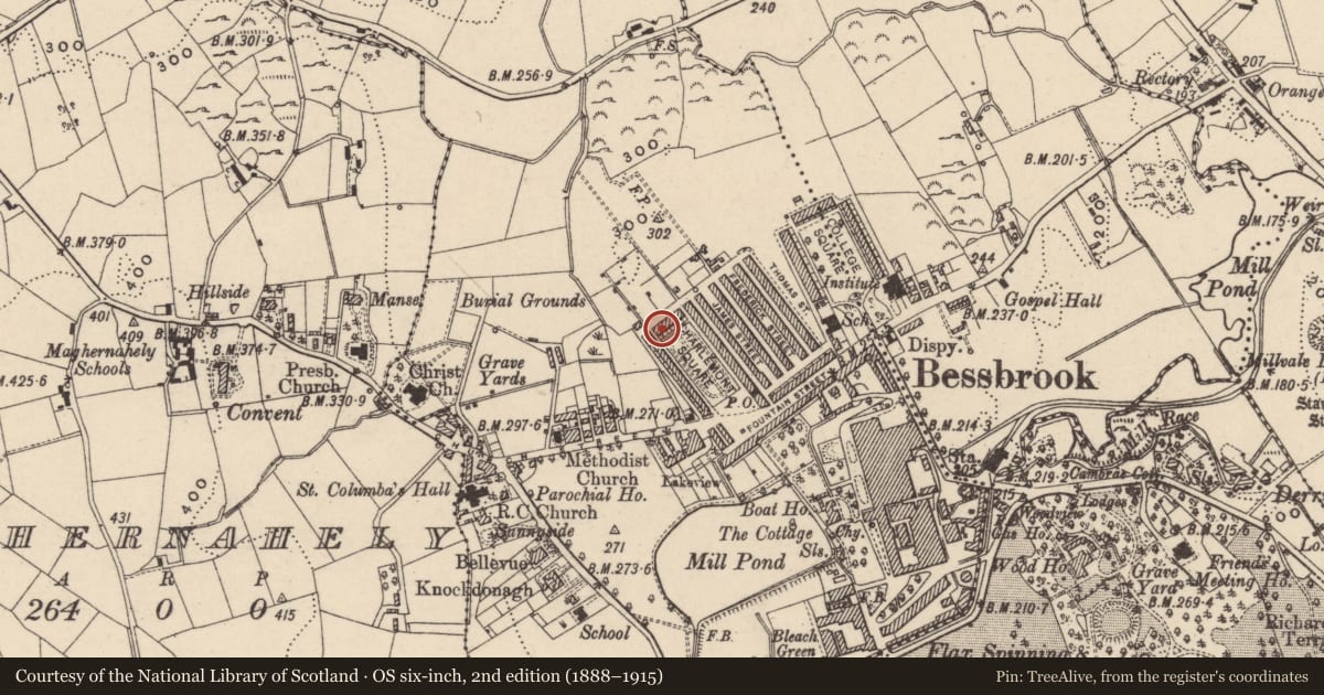 Ordnance Survey six-inch map, 2nd edition (1888–1915) covering the location of 7 Charlemont Square North, Clogharevan, Newry, Mourne and Down, with a pin at the register's coordinates
