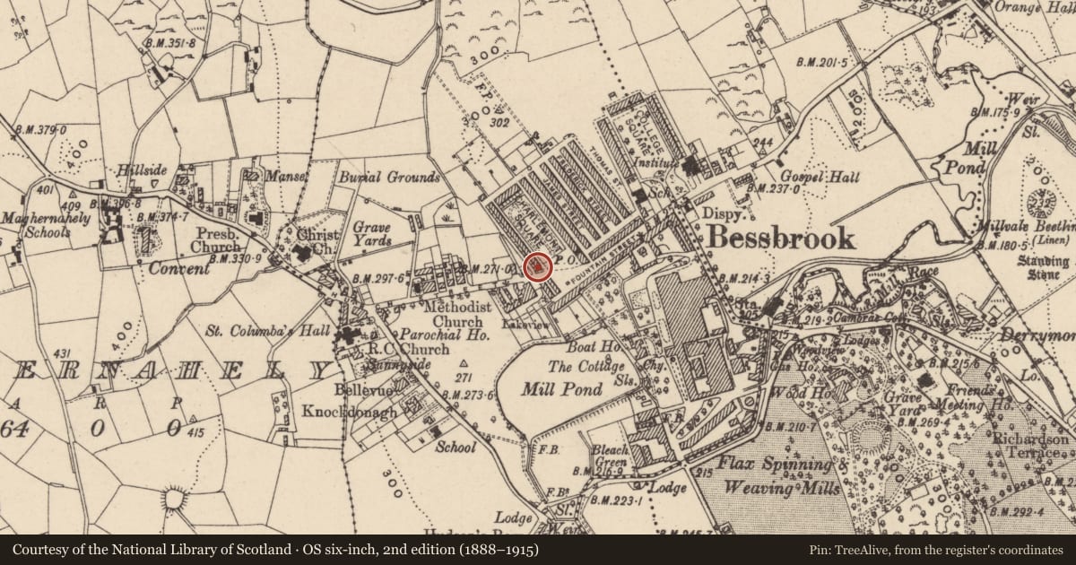 Ordnance Survey six-inch map, 2nd edition (1888–1915) covering the location of 1 Charlemont Square West, Clogharevan, Newry, Mourne and Down, with a pin at the register's coordinates