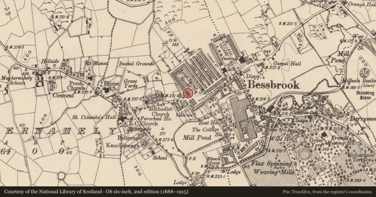 Ordnance Survey six-inch map, 2nd edition (1888–1915) covering the location of 2 Charlemont Square West, Clogharevan, Newry, Mourne and Down, with a pin at the register's coordinates