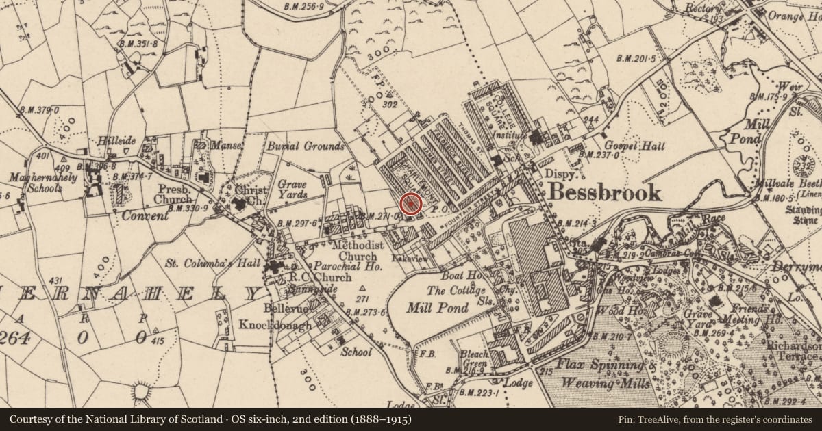 Ordnance Survey six-inch map, 2nd edition (1888–1915) covering the location of 6 Charlemont Square West, Clogharevan, Newry, Mourne and Down, with a pin at the register's coordinates