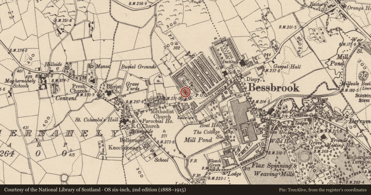 Ordnance Survey six-inch map, 2nd edition (1888–1915) covering the location of 7 Charlemont Square West, Clogharevan, Newry, Mourne and Down, with a pin at the register's coordinates