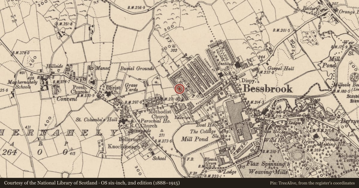 Ordnance Survey six-inch map, 2nd edition (1888–1915) covering the location of 12 Charlemont Square West, Clogharevan, Newry, Mourne and Down, with a pin at the register's coordinates