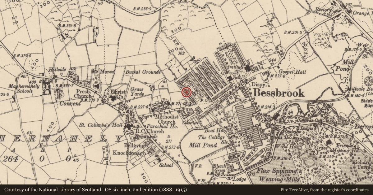 Ordnance Survey six-inch map, 2nd edition (1888–1915) covering the location of 13 Charlemont Square West, Clogharevan, Newry, Mourne and Down, with a pin at the register's coordinates