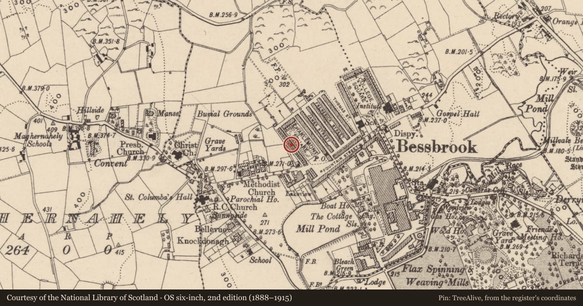 Ordnance Survey six-inch map, 2nd edition (1888–1915) covering the location of 14 Charlemont Square West, Clogharevan, Newry, Mourne and Down, with a pin at the register's coordinates