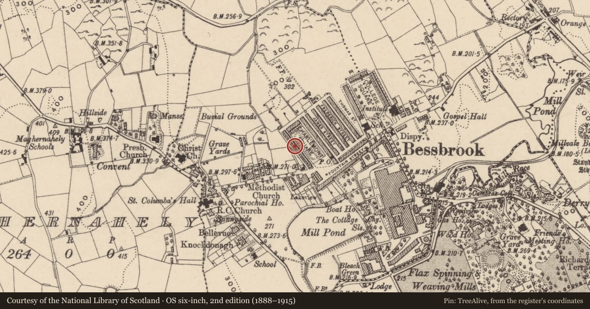 Ordnance Survey six-inch map, 2nd edition (1888–1915) covering the location of 15 Charlemont Square West, Clogharevan, Newry, Mourne and Down, with a pin at the register's coordinates