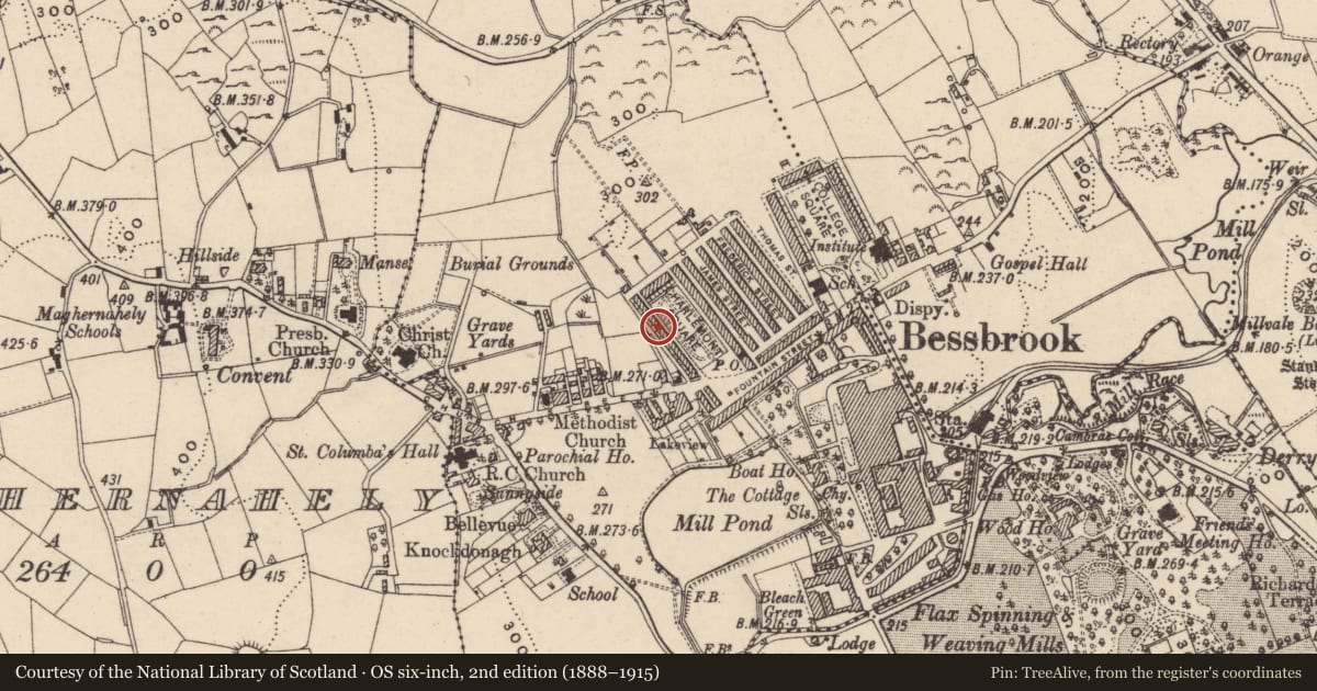 Ordnance Survey six-inch map, 2nd edition (1888–1915) covering the location of 16 Charlemont Square West, Clogharevan, Newry, Mourne and Down, with a pin at the register's coordinates