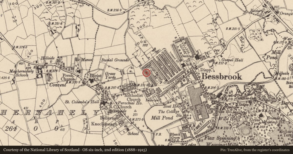 Ordnance Survey six-inch map, 2nd edition (1888–1915) covering the location of 18 Charlemont Square West, Clogharevan, Newry, Mourne and Down, with a pin at the register's coordinates