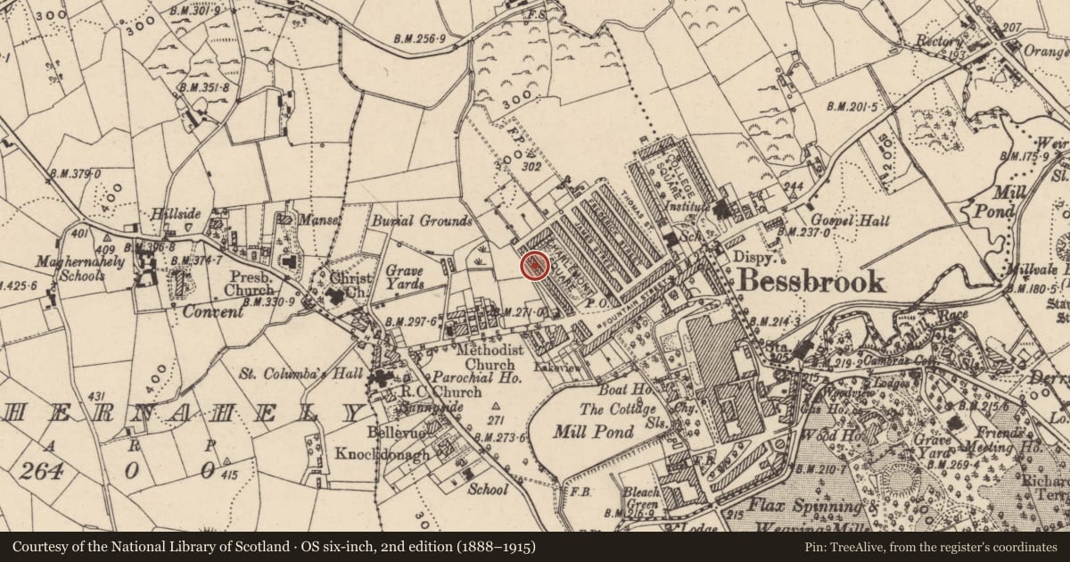 Ordnance Survey six-inch map, 2nd edition (1888–1915) covering the location of 19 Charlemont Square West, Clogharevan, Newry, Mourne and Down, with a pin at the register's coordinates