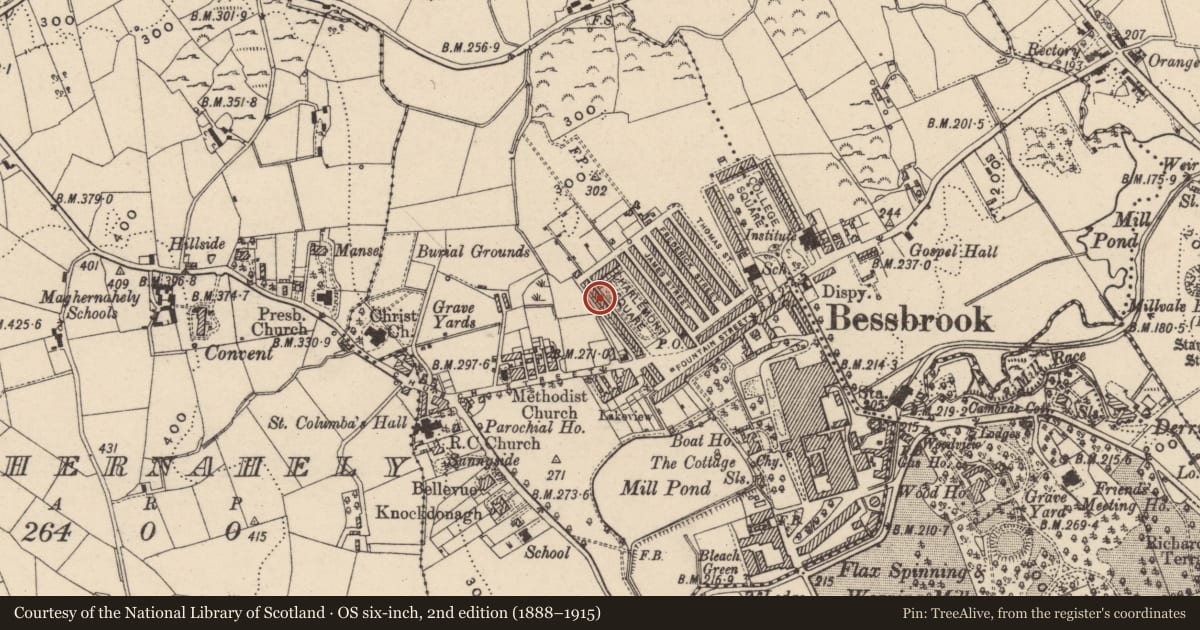 Ordnance Survey six-inch map, 2nd edition (1888–1915) covering the location of 20 Charlemont Square West, Clogharevan, Newry, Mourne and Down, with a pin at the register's coordinates