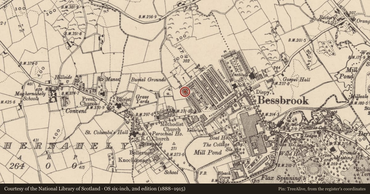 Ordnance Survey six-inch map, 2nd edition (1888–1915) covering the location of 23 Charlemont Square West, Clogharevan, Newry, Mourne and Down, with a pin at the register's coordinates