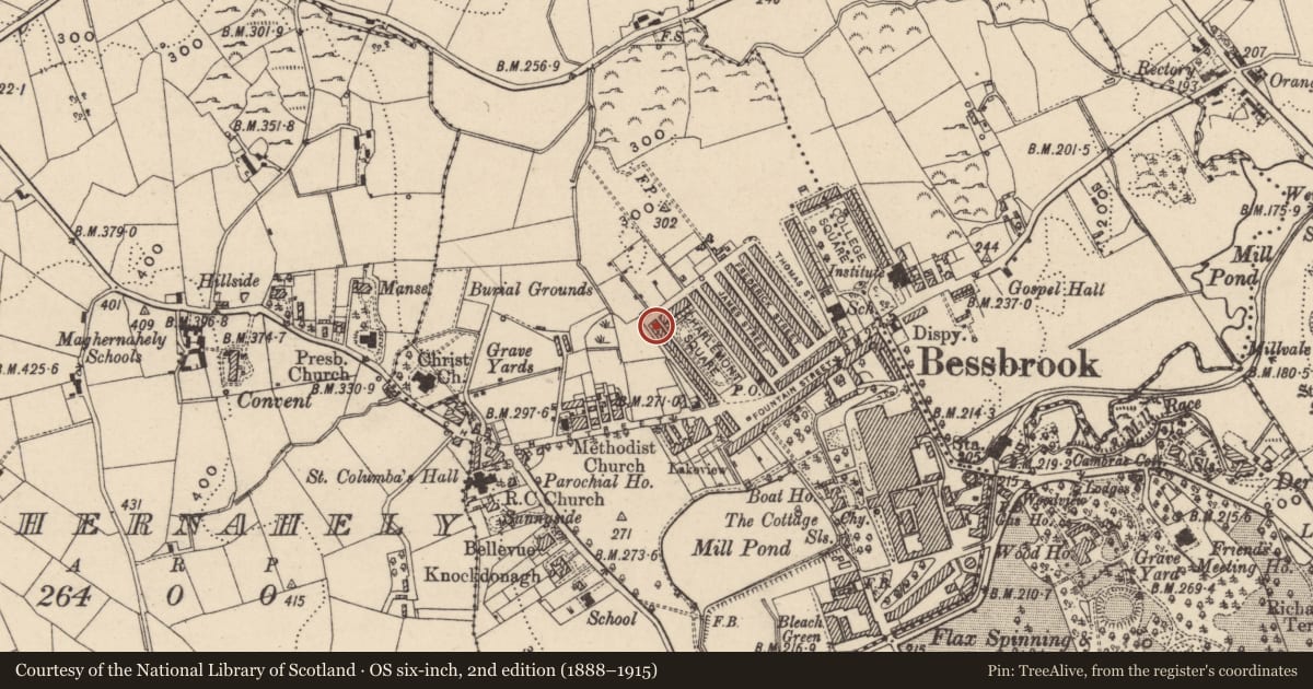 Ordnance Survey six-inch map, 2nd edition (1888–1915) covering the location of 25 Charlemont Square West, Clogharevan, Newry, Mourne and Down, with a pin at the register's coordinates