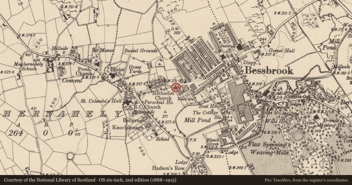 Ordnance Survey six-inch map, 2nd edition (1888–1915) covering the location of The Garage, Clogharevan, Newry, Mourne and Down, with a pin at the register's coordinates