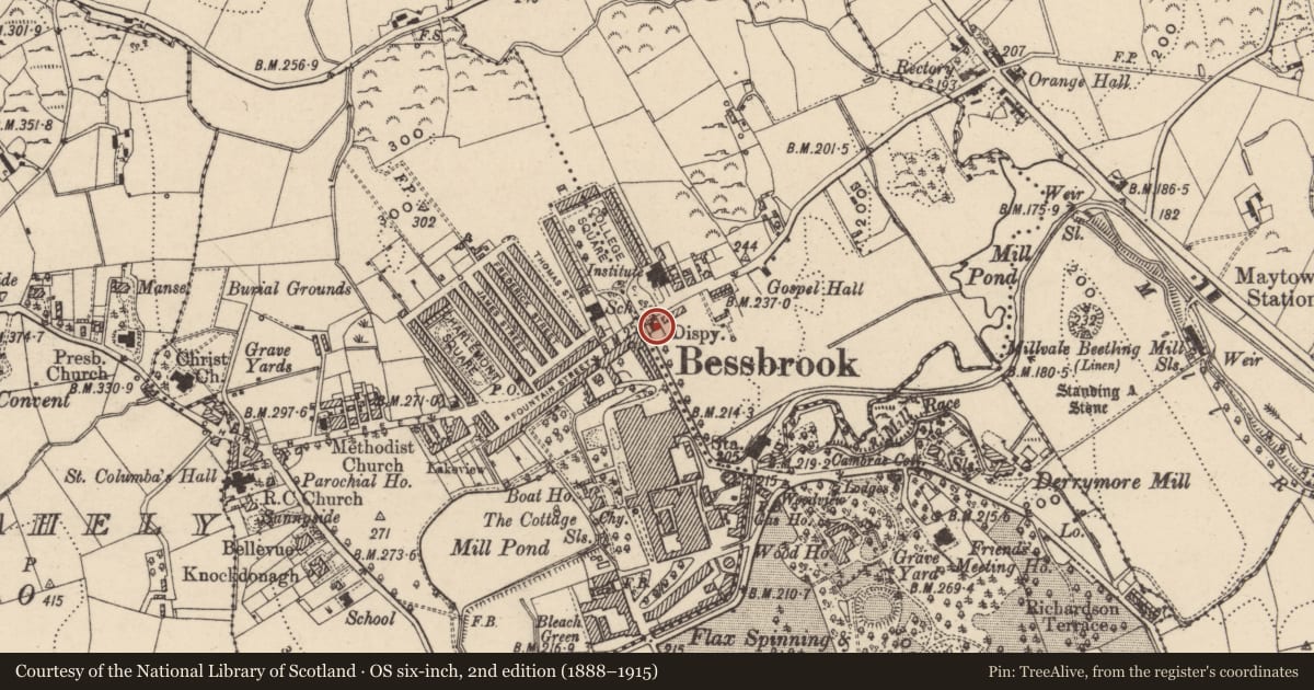 Ordnance Survey six-inch map, 2nd edition (1888–1915) covering the location of 1 Main St., Maytown, Newry, Mourne and Down, with a pin at the register's coordinates