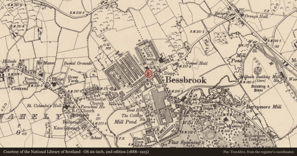 Ordnance Survey six-inch map, 2nd edition (1888–1915) covering the location of 5 Fountain St., Clogharevan, Newry, Mourne and Down, with a pin at the register's coordinates