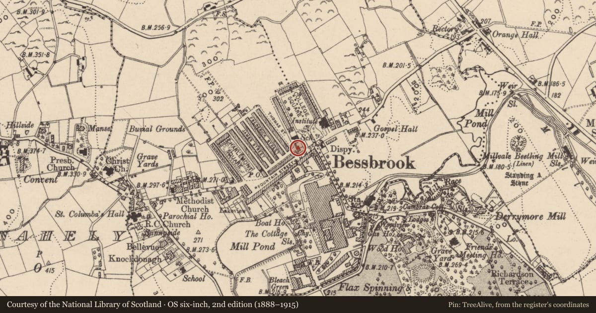 Ordnance Survey six-inch map, 2nd edition (1888–1915) covering the location of 6 Fountain St., Clogharevan, Newry, Mourne and Down, with a pin at the register's coordinates