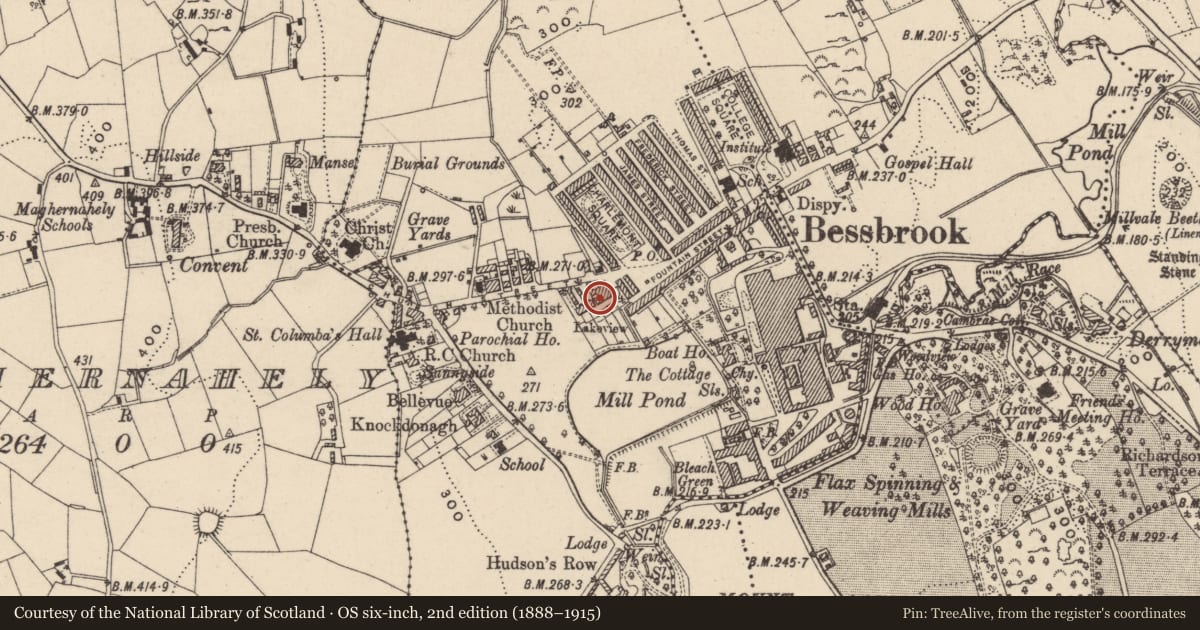 Ordnance Survey six-inch map, 2nd edition (1888–1915) covering the location of 3 LAKEVIEW, Clogharevan, Newry, Mourne and Down, with a pin at the register's coordinates