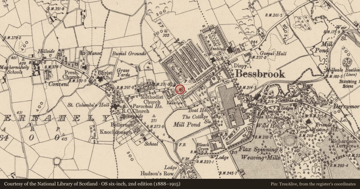 Ordnance Survey six-inch map, 2nd edition (1888–1915) covering the location of 6 Wakefield Terrace, Clogharevan, Newry, Mourne and Down, with a pin at the register's coordinates