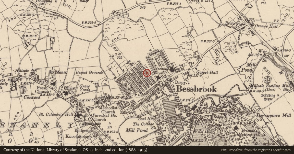 Ordnance Survey six-inch map, 2nd edition (1888–1915) covering the location of 1-28 Thomas St., Newry, Mourne and Down, with a pin at the register's coordinates