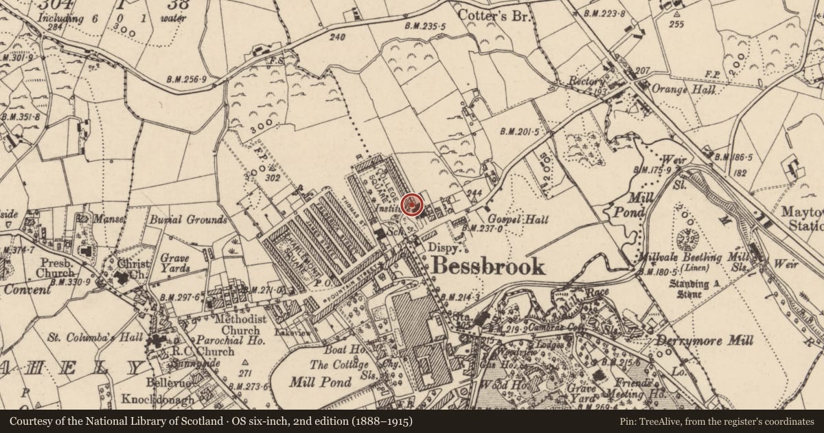 Ordnance Survey six-inch map, 2nd edition (1888–1915) covering the location of 1 College Square East, Maytown, Newry, Mourne and Down, with a pin at the register's coordinates