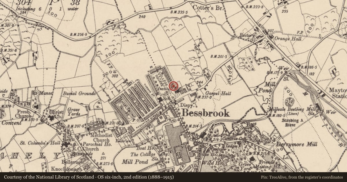 Ordnance Survey six-inch map, 2nd edition (1888–1915) covering the location of 2 College Square East, Maytown, Newry, Mourne and Down, with a pin at the register's coordinates