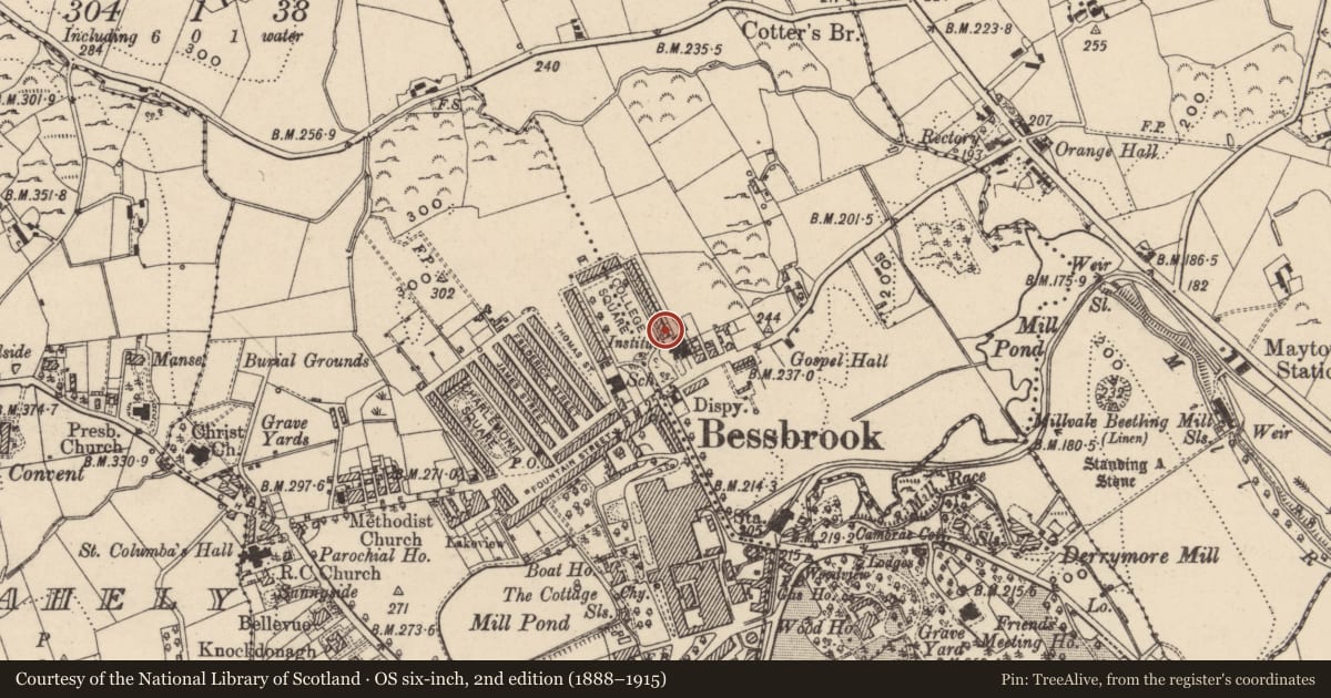 Ordnance Survey six-inch map, 2nd edition (1888–1915) covering the location of 3 College Square East, Maytown, Newry, Mourne and Down, with a pin at the register's coordinates