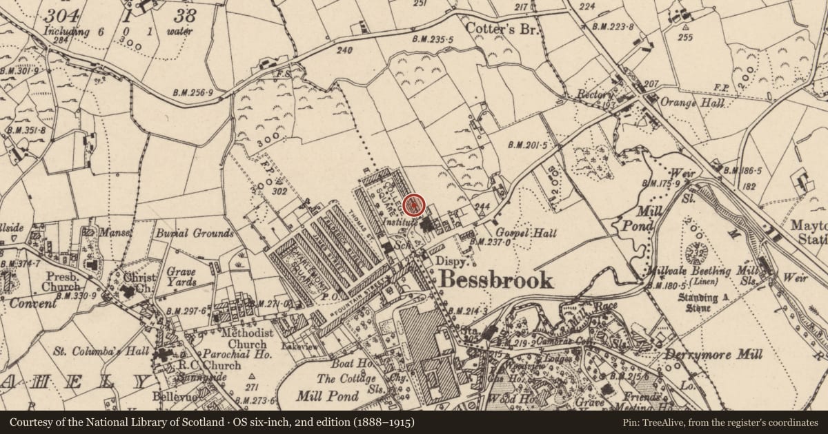 Ordnance Survey six-inch map, 2nd edition (1888–1915) covering the location of 7 College Square East, Maytown, Newry, Mourne and Down, with a pin at the register's coordinates