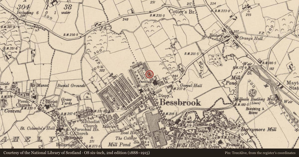 Ordnance Survey six-inch map, 2nd edition (1888–1915) covering the location of 9 College Square East, Maytown, Newry, Mourne and Down, with a pin at the register's coordinates