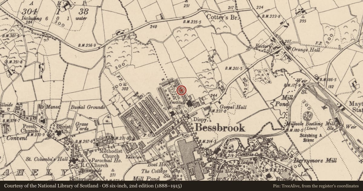 Ordnance Survey six-inch map, 2nd edition (1888–1915) covering the location of 12 College Square East, Maytown, Newry, Mourne and Down, with a pin at the register's coordinates