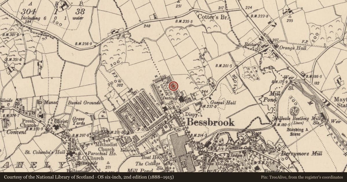 Ordnance Survey six-inch map, 2nd edition (1888–1915) covering the location of 13 College Square East, Maytown, Newry, Mourne and Down, with a pin at the register's coordinates