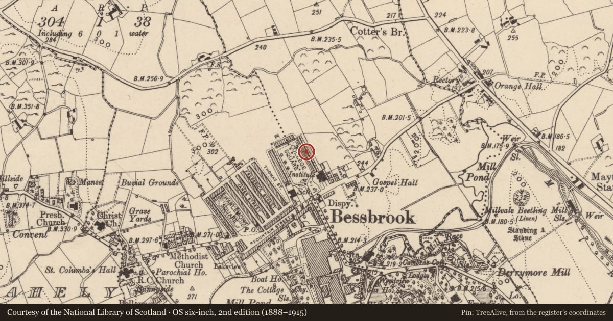 Ordnance Survey six-inch map, 2nd edition (1888–1915) covering the location of 14 College Square East, Maytown, Newry, Mourne and Down, with a pin at the register's coordinates