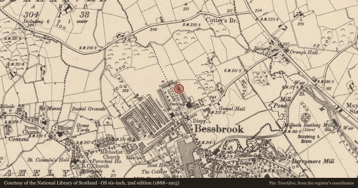 Ordnance Survey six-inch map, 2nd edition (1888–1915) covering the location of 16 College Square East, Maytown, Newry, Mourne and Down, with a pin at the register's coordinates