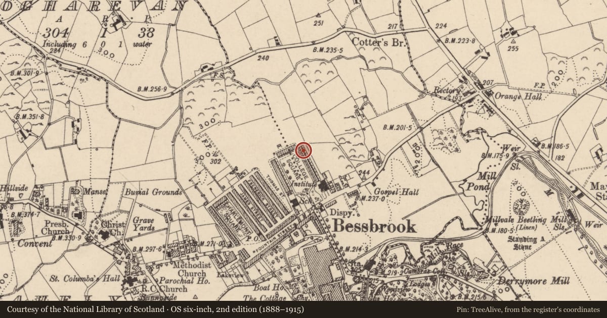Ordnance Survey six-inch map, 2nd edition (1888–1915) covering the location of 21 College Square East, Maytown, Newry, Mourne and Down, with a pin at the register's coordinates