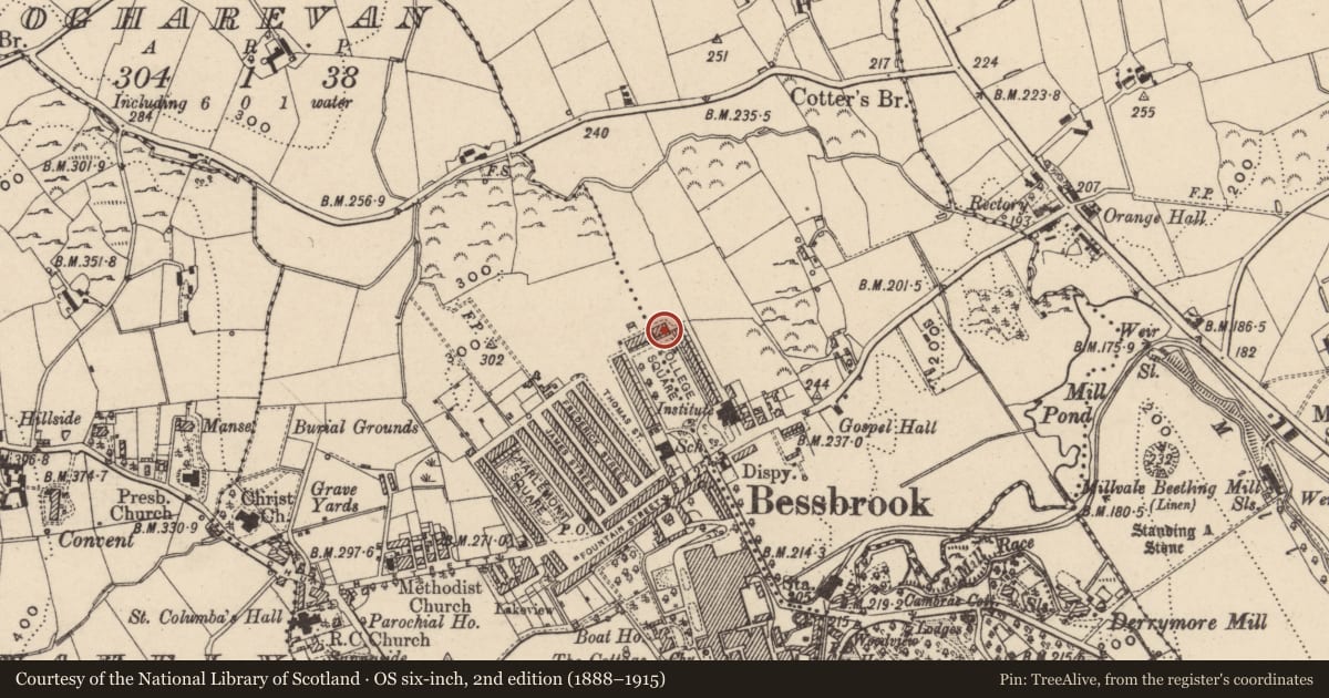 Ordnance Survey six-inch map, 2nd edition (1888–1915) covering the location of 11 College Square North, Maytown, Newry, Mourne and Down, with a pin at the register's coordinates