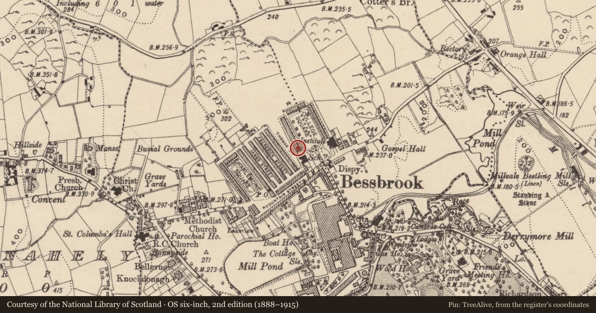 Ordnance Survey six-inch map, 2nd edition (1888–1915) covering the location of 1 College Square West, Newry, Mourne and Down, with a pin at the register's coordinates