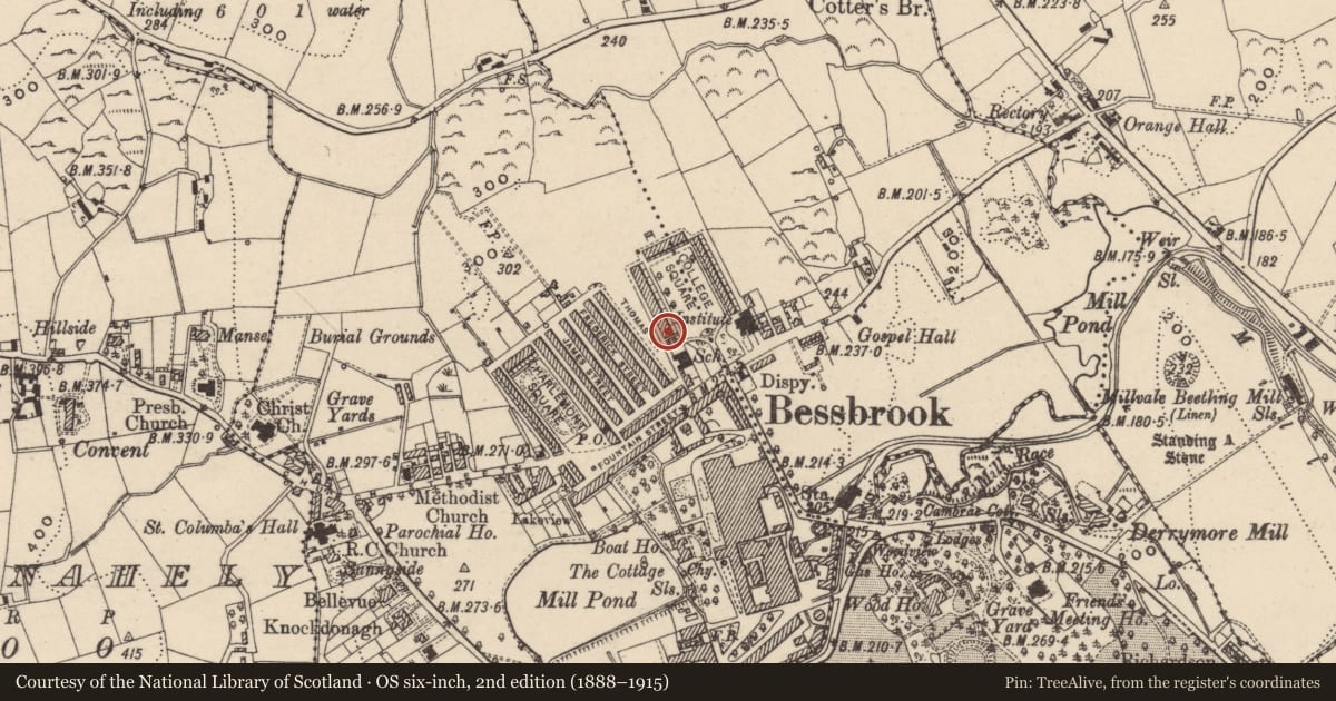 Ordnance Survey six-inch map, 2nd edition (1888–1915) covering the location of 2 College Square West, Newry, Mourne and Down, with a pin at the register's coordinates