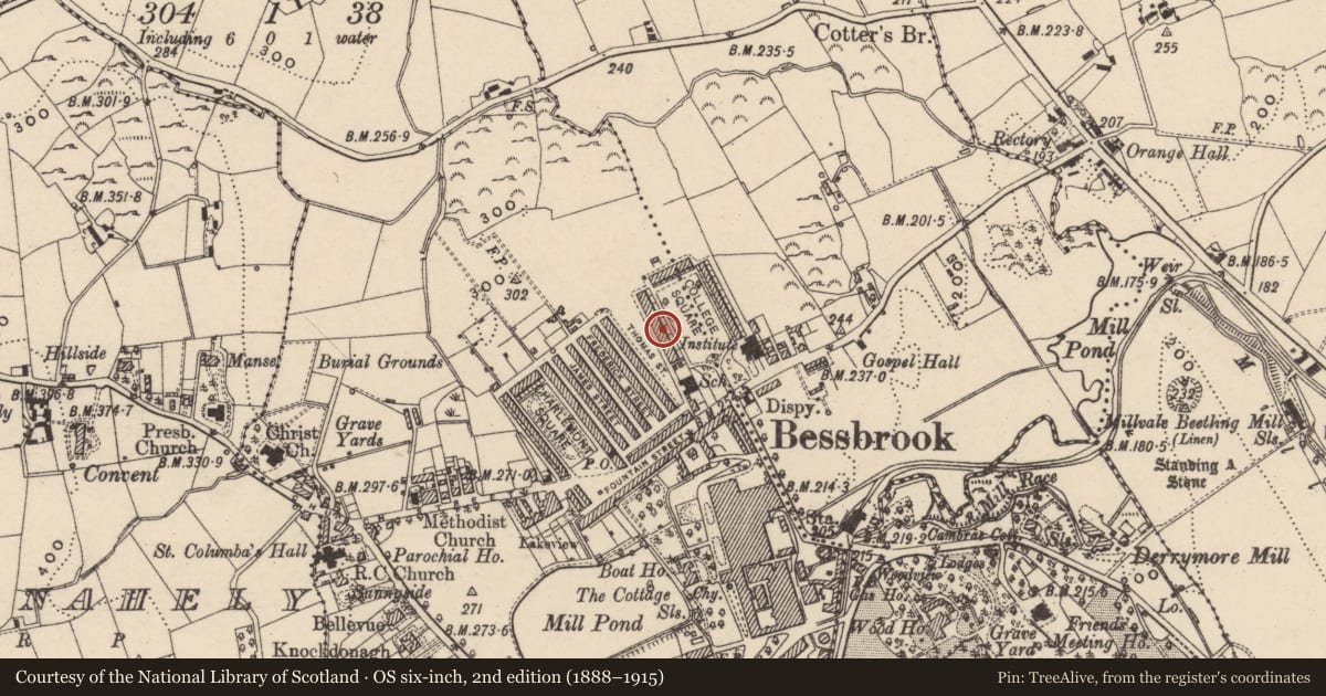 Ordnance Survey six-inch map, 2nd edition (1888–1915) covering the location of 9 College Square West, Newry, Mourne and Down, with a pin at the register's coordinates