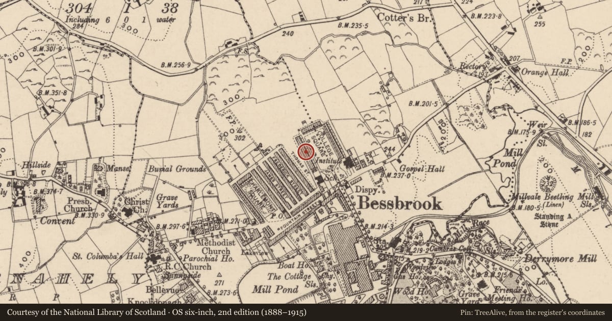 Ordnance Survey six-inch map, 2nd edition (1888–1915) covering the location of 10 College Square West, Newry, Mourne and Down, with a pin at the register's coordinates