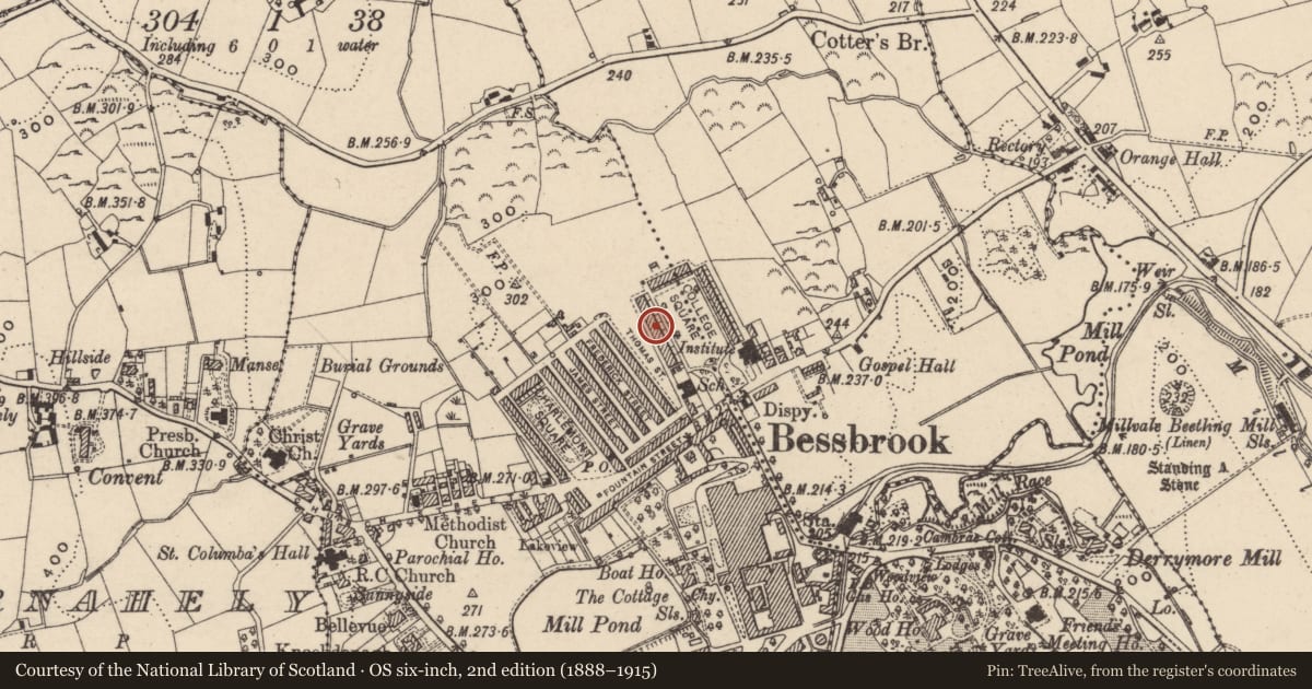 Ordnance Survey six-inch map, 2nd edition (1888–1915) covering the location of 11 College Square West, Newry, Mourne and Down, with a pin at the register's coordinates