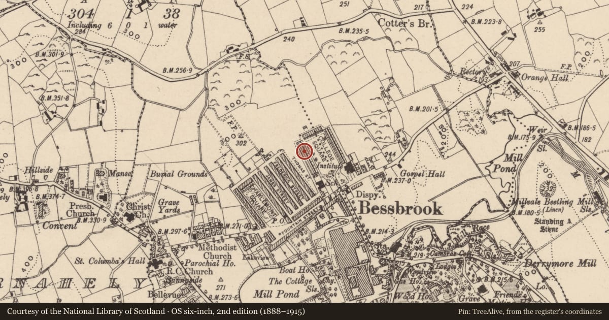 Ordnance Survey six-inch map, 2nd edition (1888–1915) covering the location of 13 College Square West, Newry, Mourne and Down, with a pin at the register's coordinates