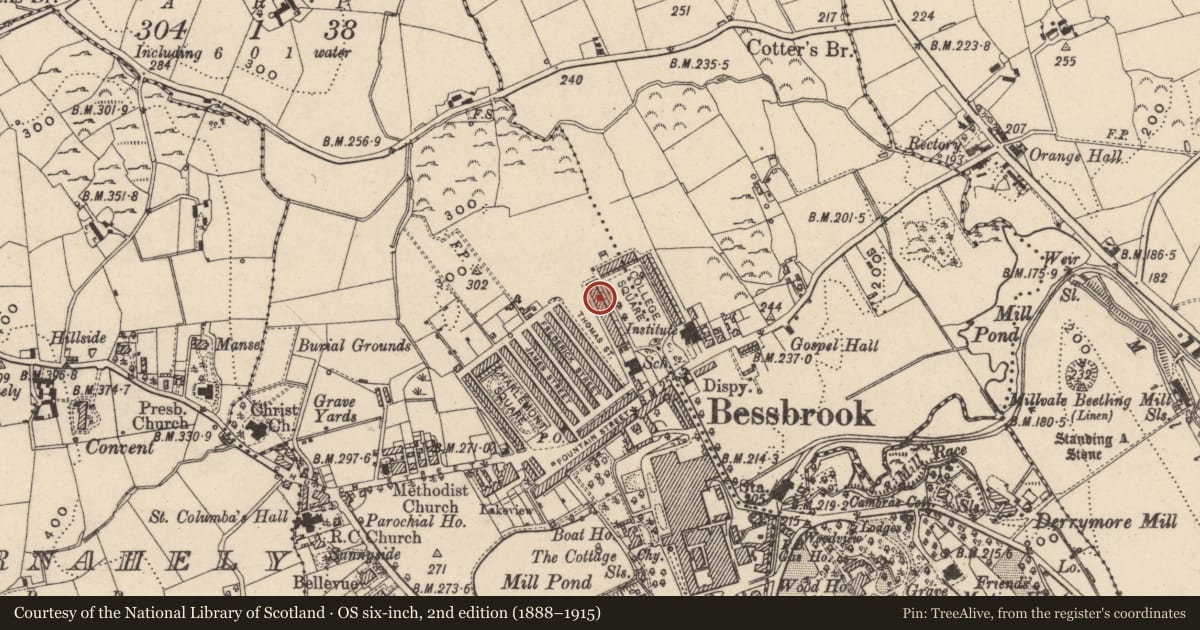 Ordnance Survey six-inch map, 2nd edition (1888–1915) covering the location of 14 College Square West, Newry, Mourne and Down, with a pin at the register's coordinates