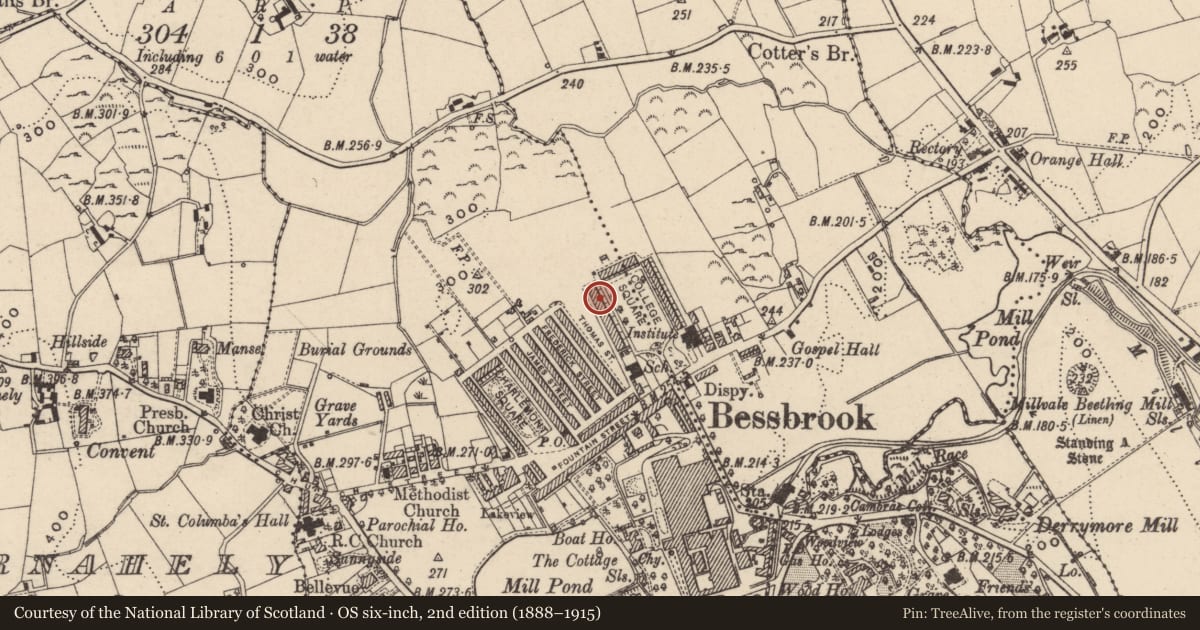 Ordnance Survey six-inch map, 2nd edition (1888–1915) covering the location of 15 College Square West, Newry, Mourne and Down, with a pin at the register's coordinates