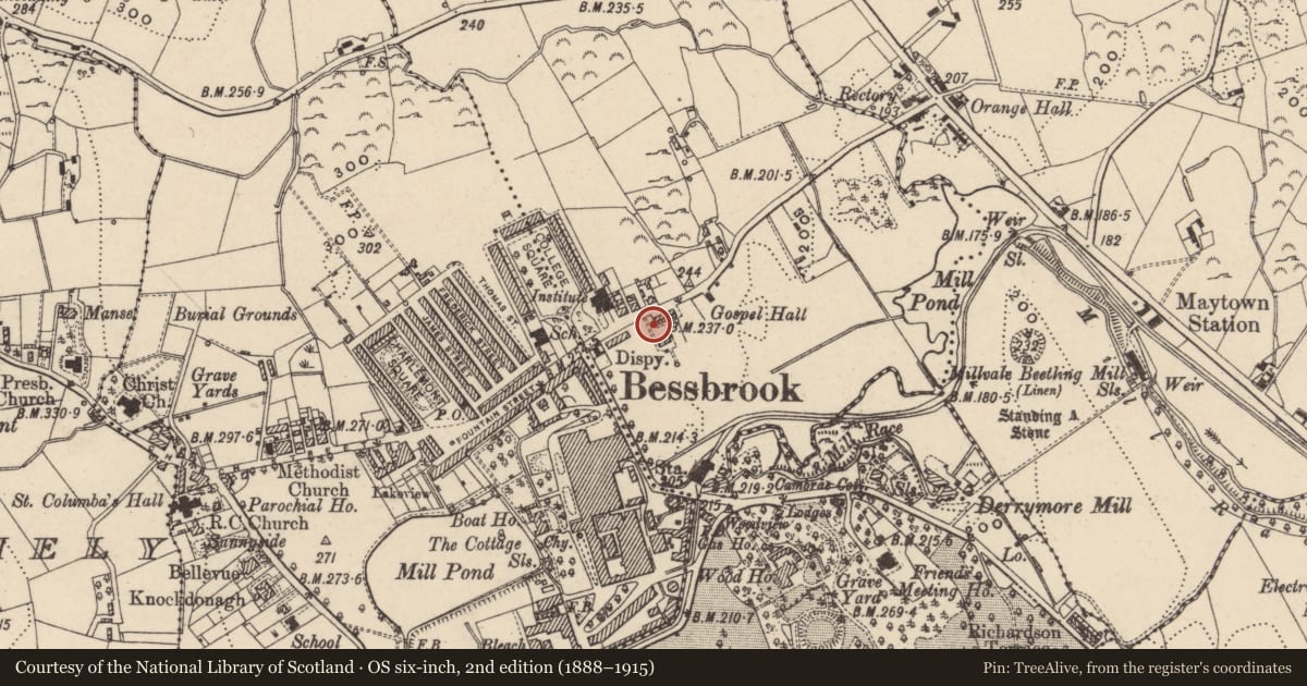 Ordnance Survey six-inch map, 2nd edition (1888–1915) covering the location of 1 Maytown Terrace, Newry, Mourne and Down, with a pin at the register's coordinates