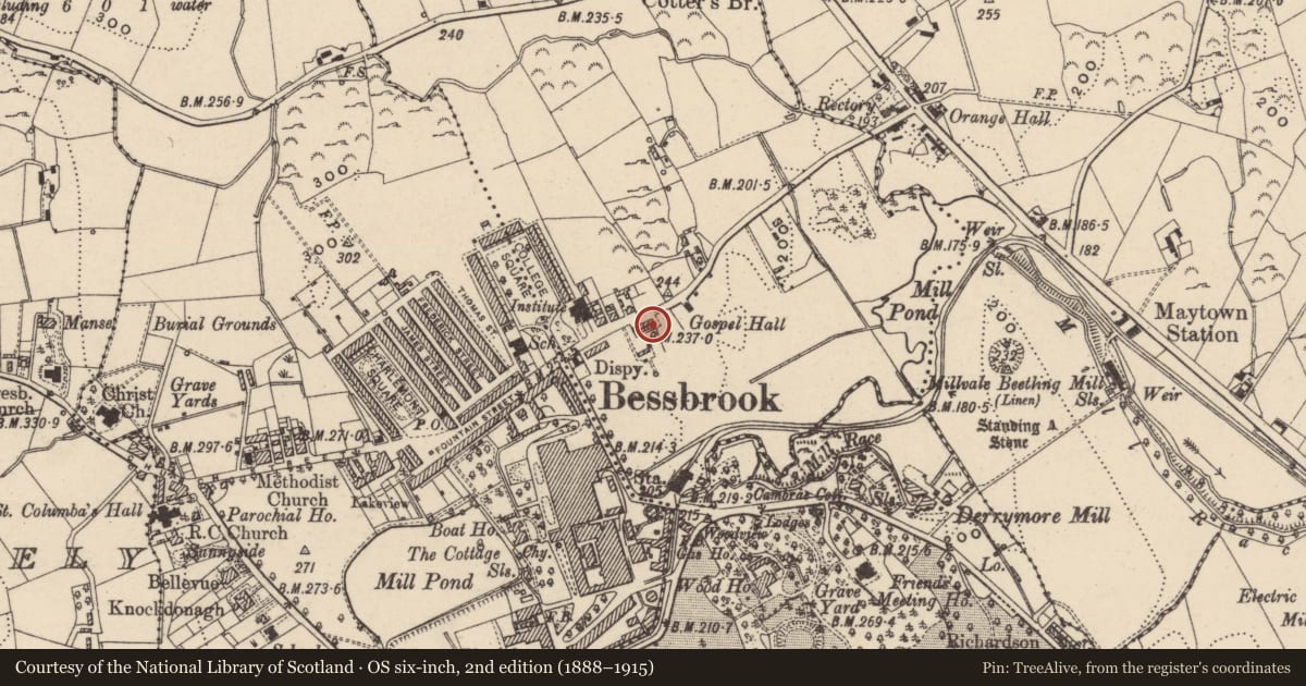 Ordnance Survey six-inch map, 2nd edition (1888–1915) covering the location of 7 Maytown Terrace, Newry, Mourne and Down, with a pin at the register's coordinates