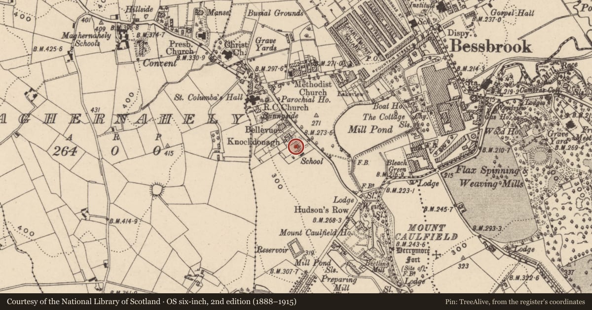 Ordnance Survey six-inch map, 2nd edition (1888–1915) covering the location of Former School Master'S House, Clogharevan, Newry, Mourne and Down, with a pin at the register's coordinates
